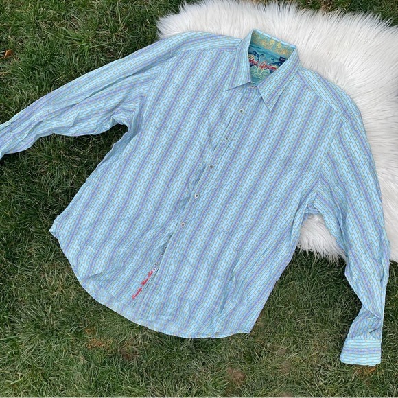 Robert Graham blue Plaid stripe button down Shirt Script Cuff 2XL - Picture 2 of 8